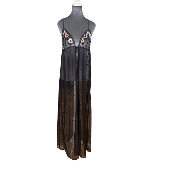 Savage X Fenty Floral Embroidered Sheer Black Long Lingerie Dress X-Large - Picture 1 of 6